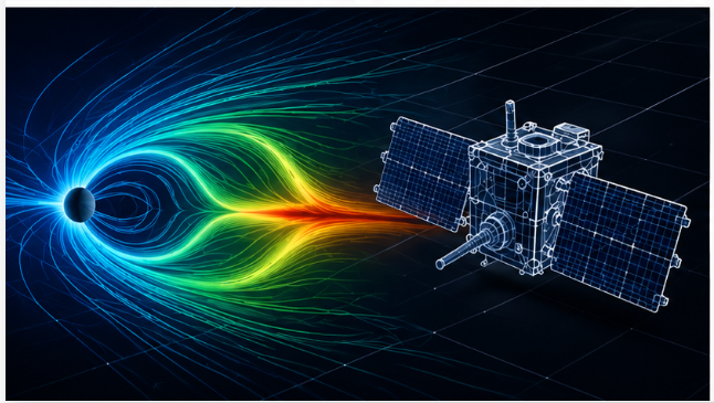 Illustration of a spacecraft simulation and its surrounding environment